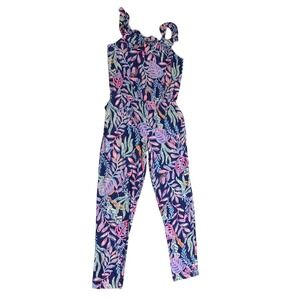 Lilly Pulitzer Jumpsuit Girls L 8-10 Blue Tropical Ruffle Jaguar Jungle Bright